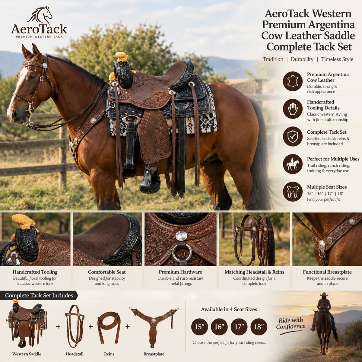 Argentina Cow Leather Tooled Horse Saddle Set with Headstall Reins & Breastplate C9737