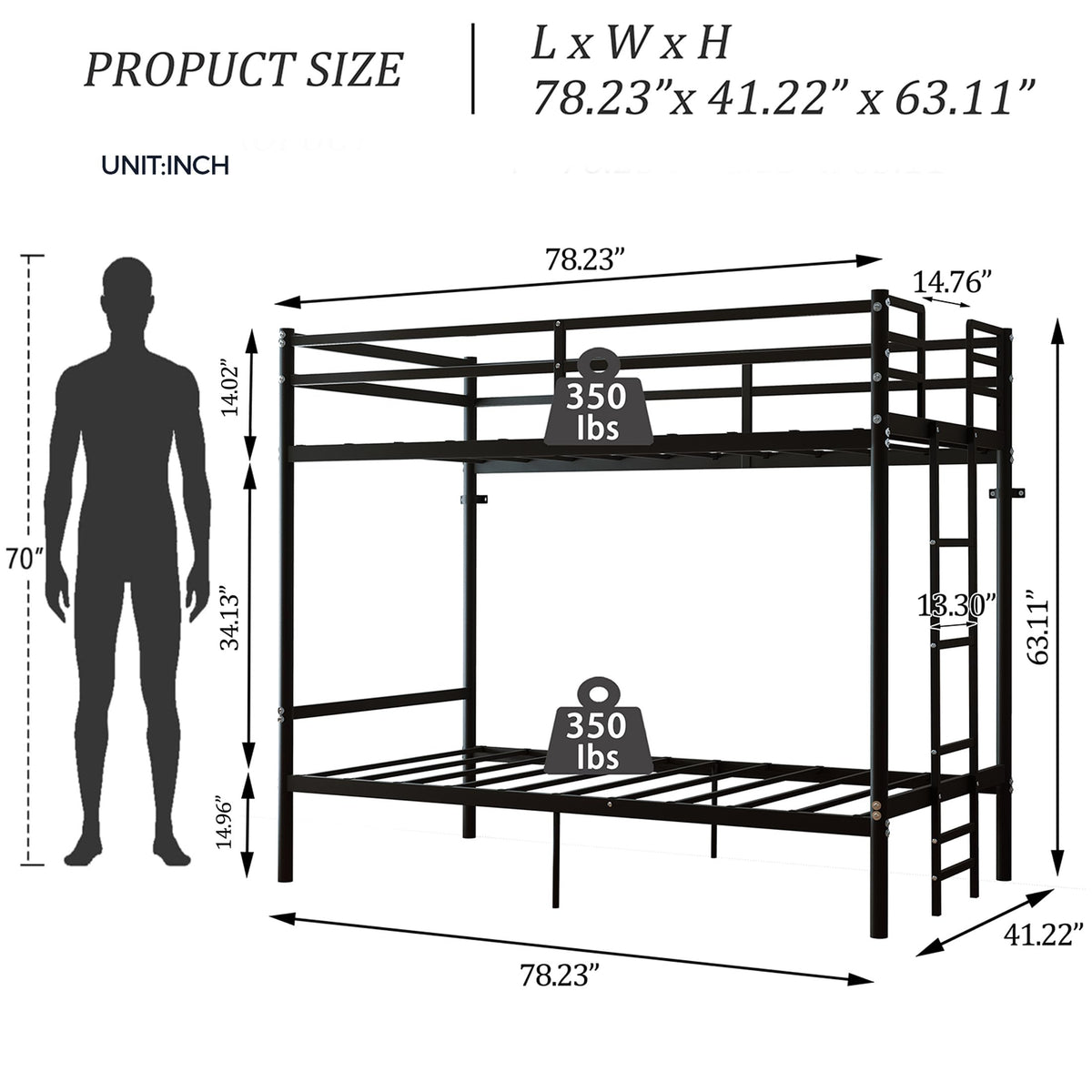 Twin Over Twin Bunk Bed with Ladder, Black H29695