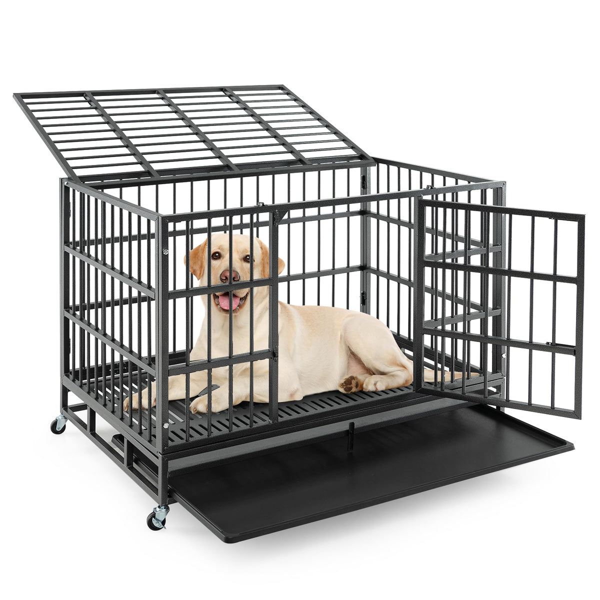 48 Inch Heavy-Duty Metal Dog Crate with Lockable Wheels Z7892