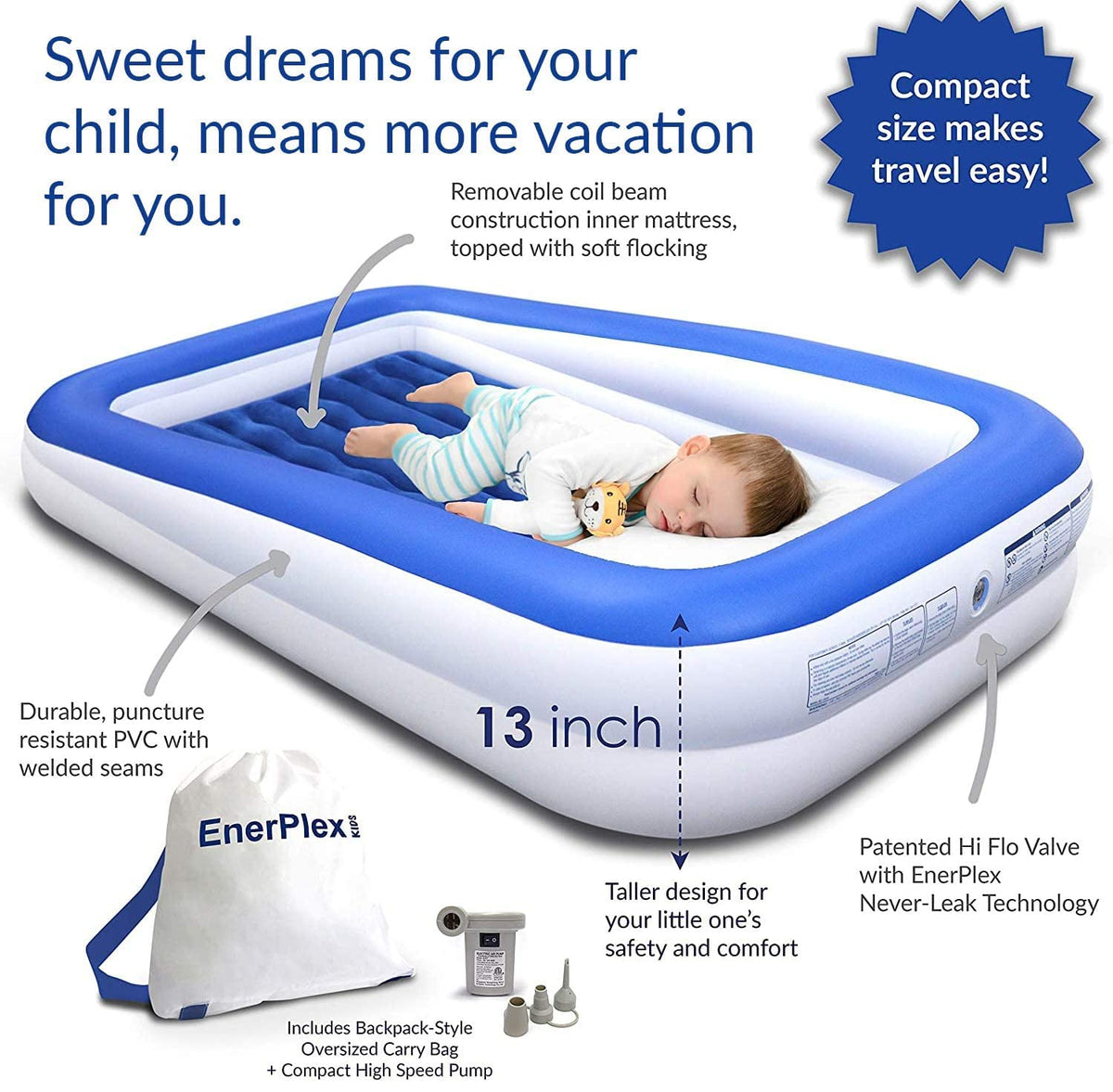 Kids Inflatable Travel Bed with High Speed Pump, Blue D2619