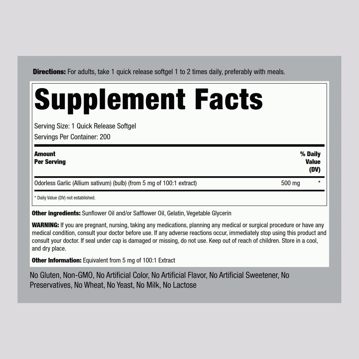 Odorless Garlic Supplement 200 Softgels M1225