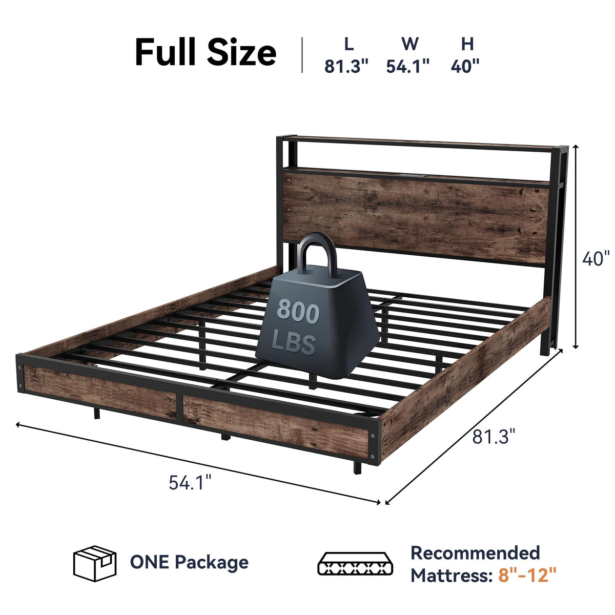 Full Size Metal Bed Frame with Storage Headboard and LED Lights Z766