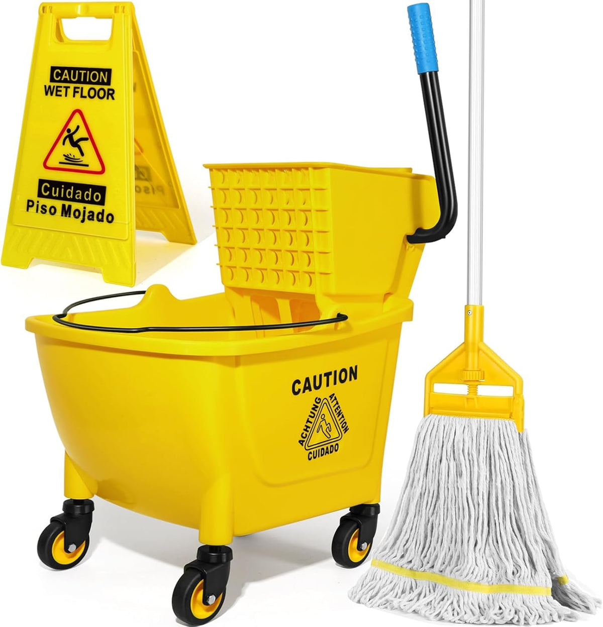 Yellow 35Qt Mop Bucket with Side Press Wringer on Wheels I98553