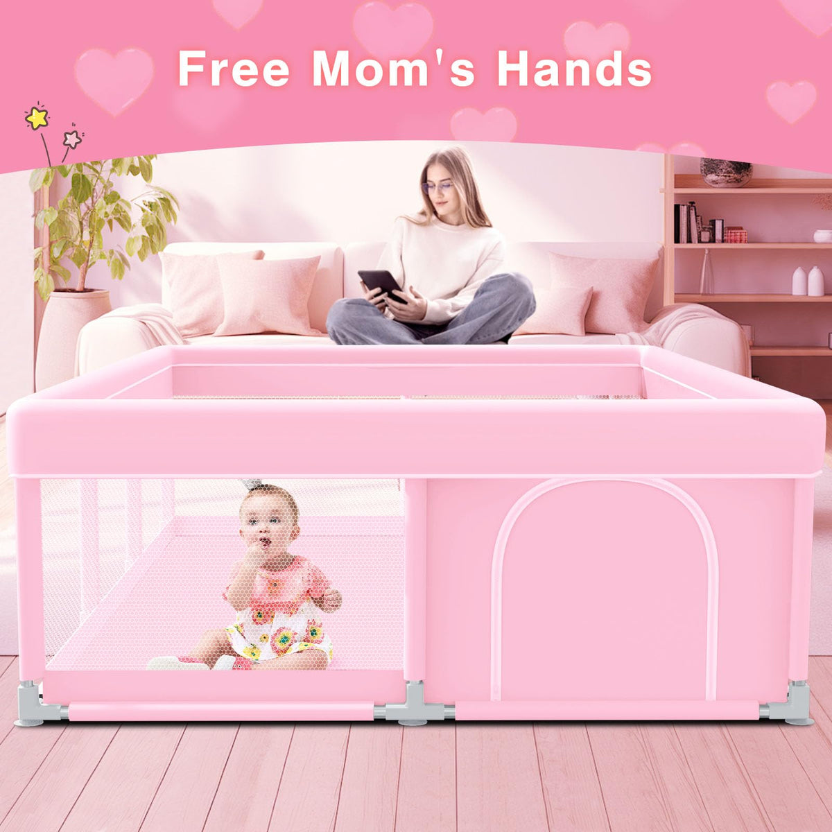 Pink Baby Playpen 74x50 Inches with Mesh V71178