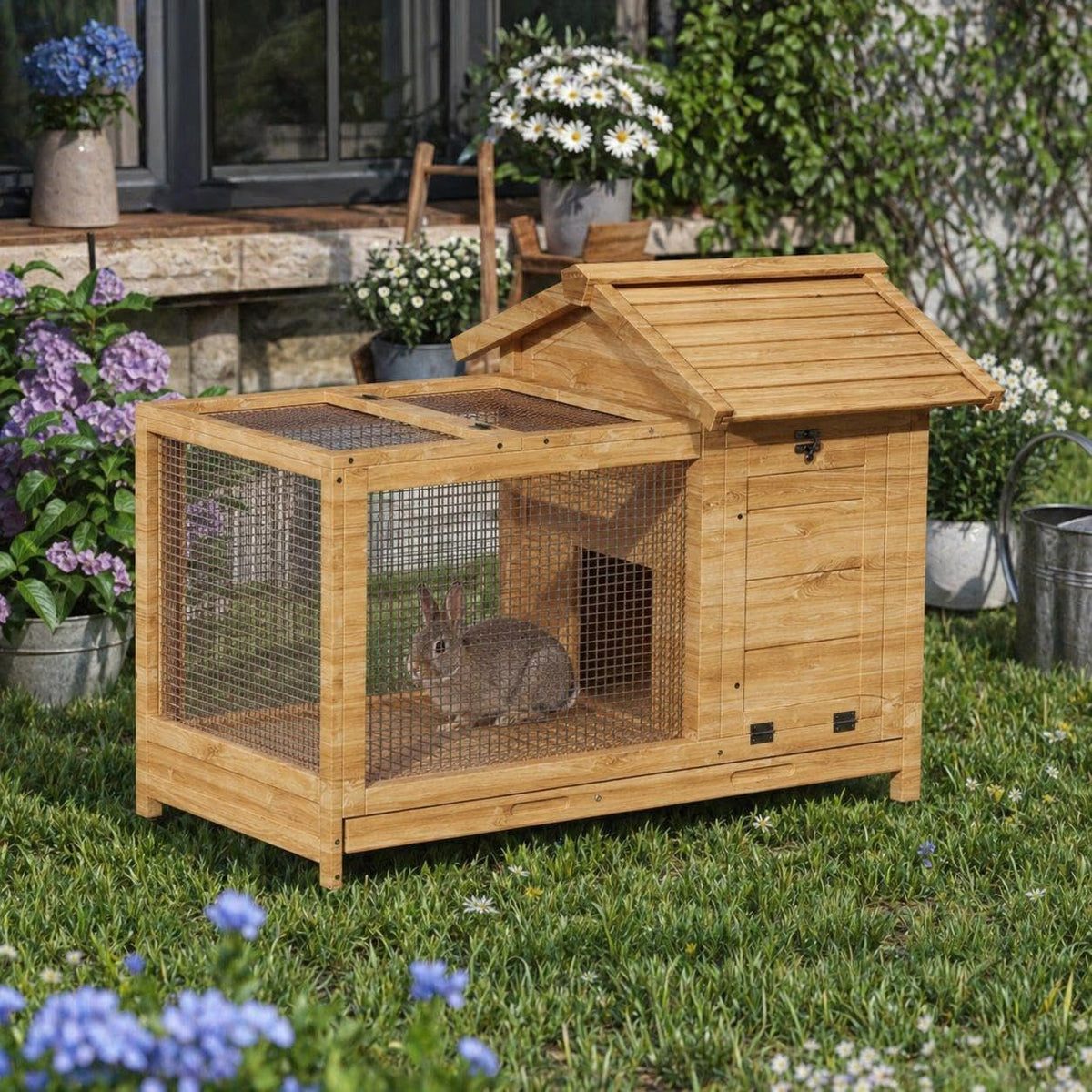 2-Story Wooden Rabbit Hutch & Chicken Coop on Wheels Y294290