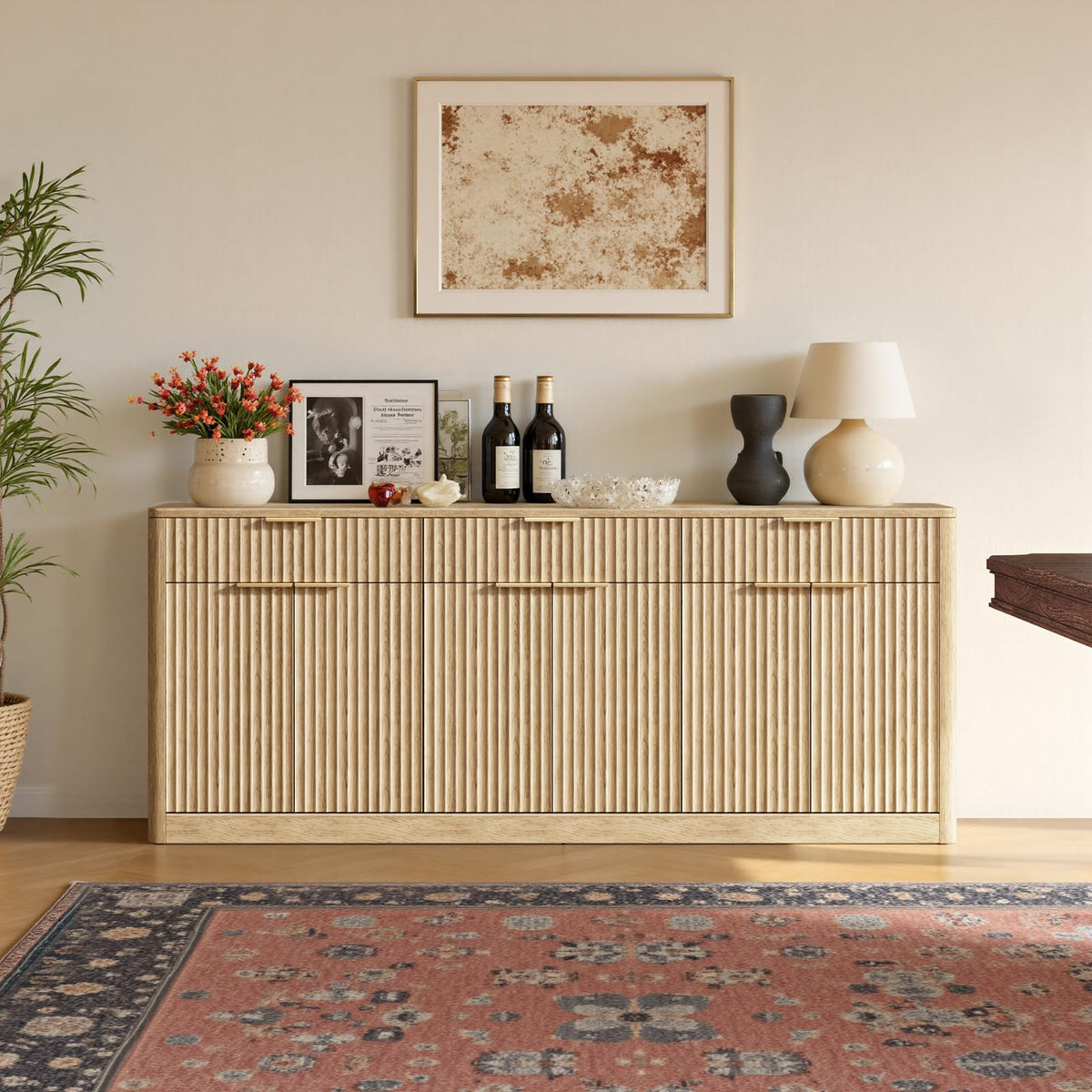 67" Fluted Oak Sideboard Buffet Cabinet with 3 Drawers B515