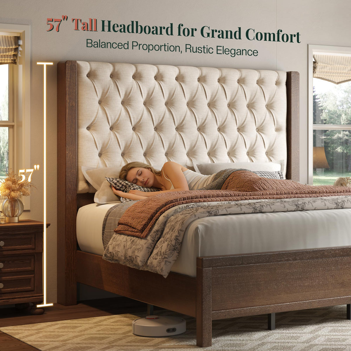 Queen Size Solid Wood Bed Frame with Wingback Headboard J65559