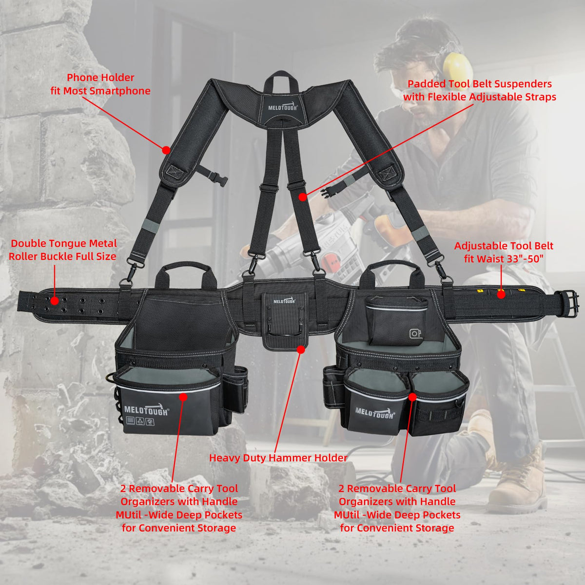 Tool Belt with Suspenders 32 Pockets 34"-48" Waist V353