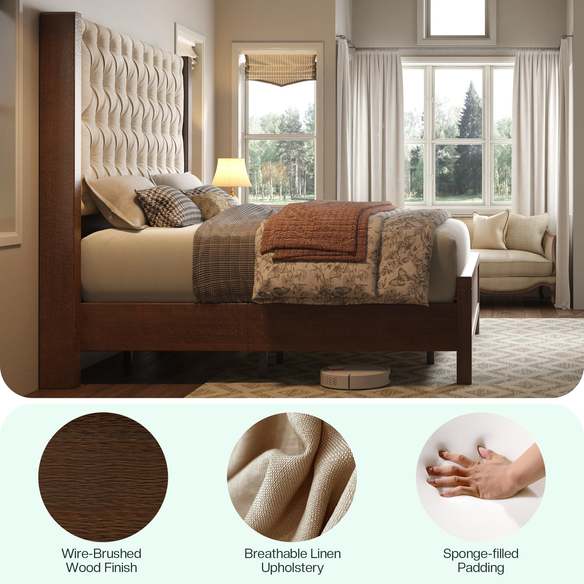 Queen Size Solid Wood Bed Frame with Wingback Headboard J65559