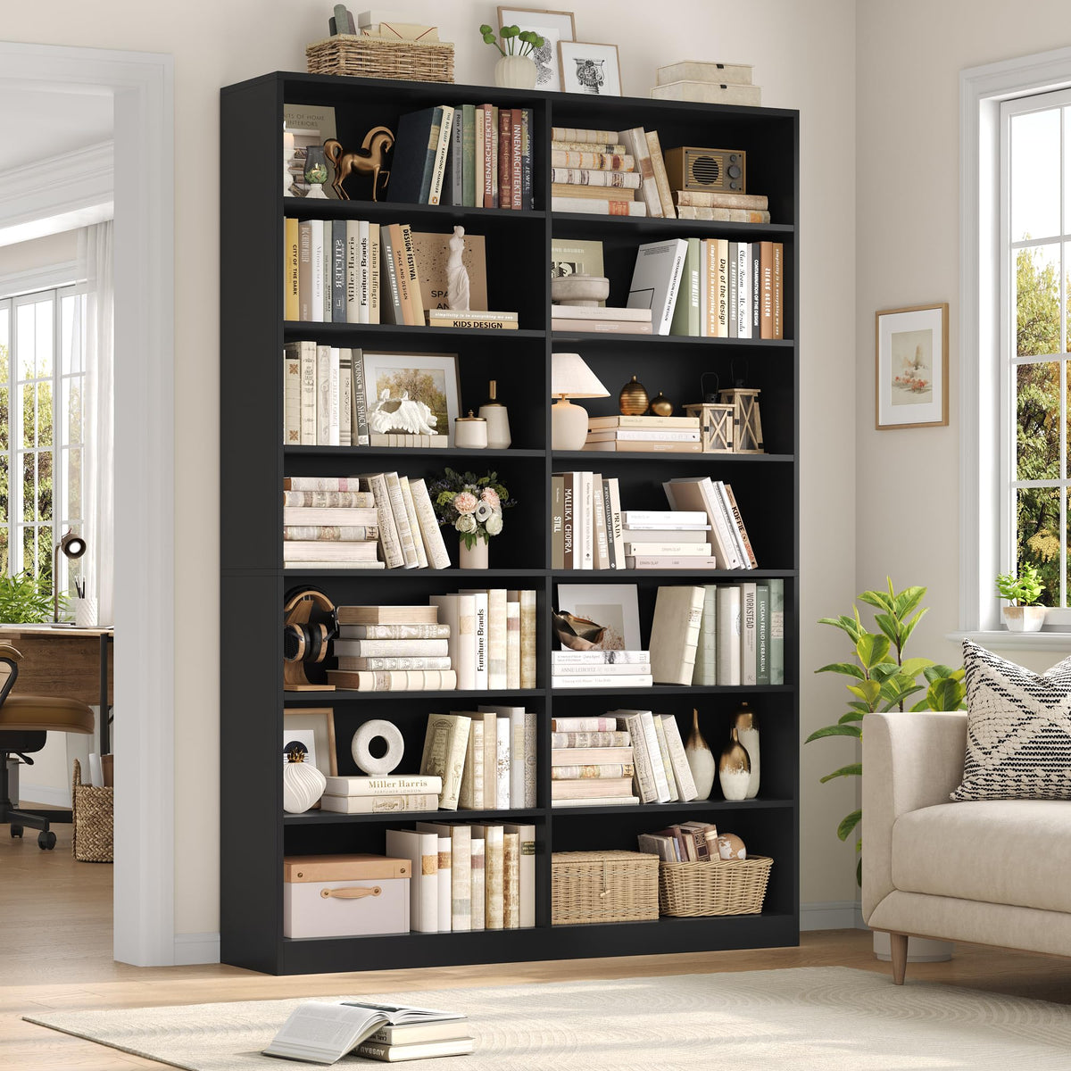 83.7" Tall 7-Tier Double Black Bookshelf and Bookcase L2074
