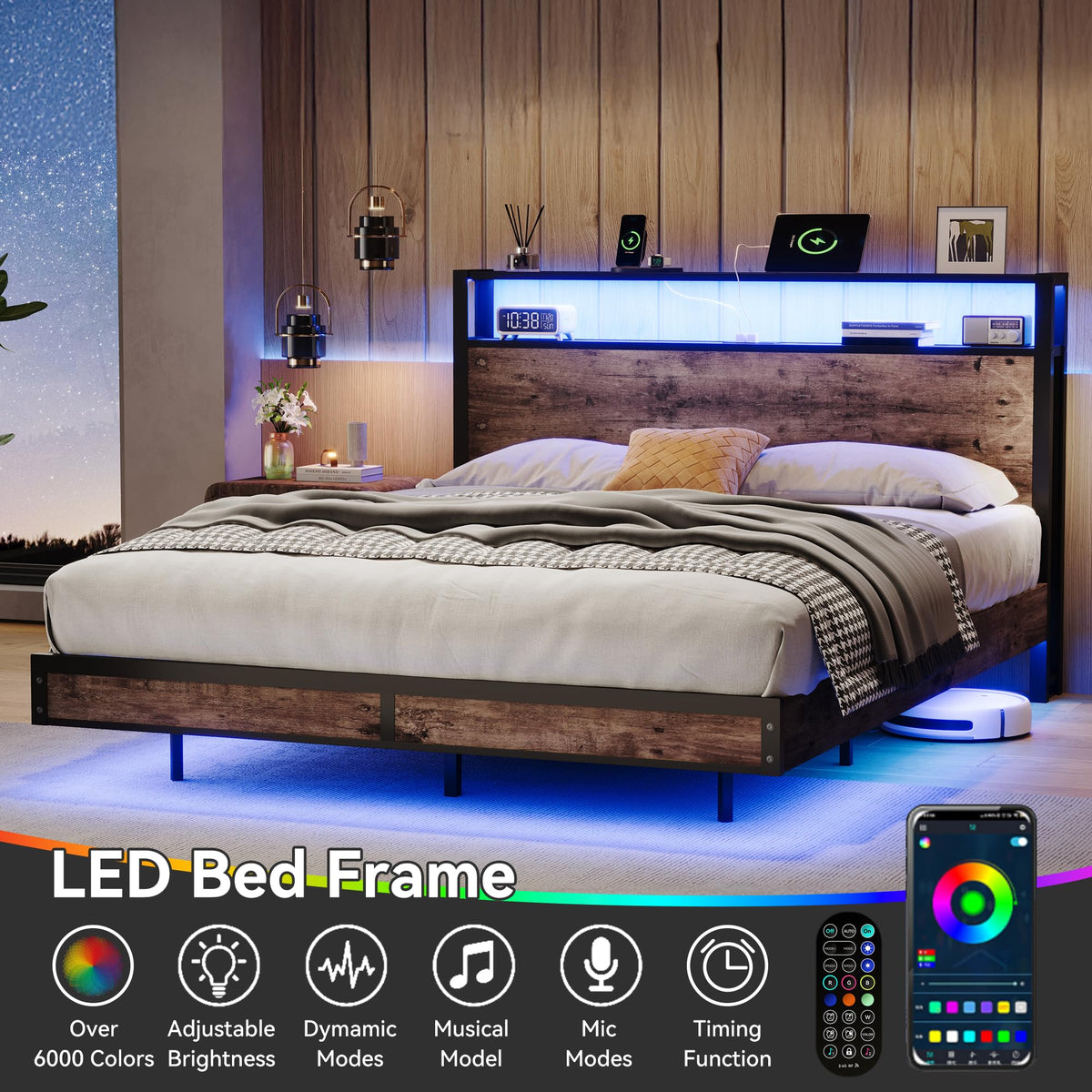 Full Size Metal Bed Frame with Storage Headboard and LED Lights Z766