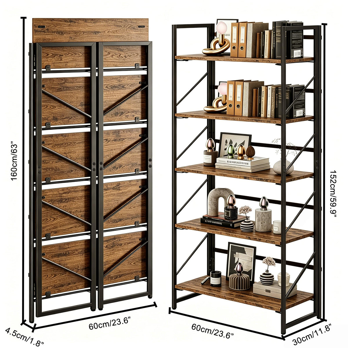 5-Tier Rustic Brown Folding Bookshelf T240805