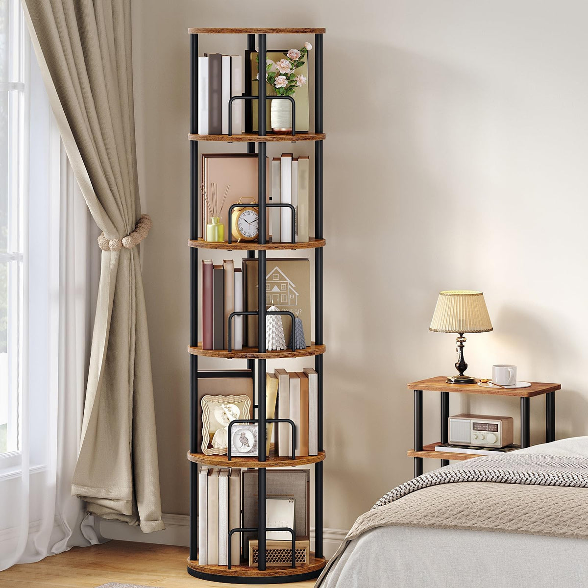 5-Tier Rotating Bookshelf, 360° Spinning Bookcase, Rustic Brown I631236