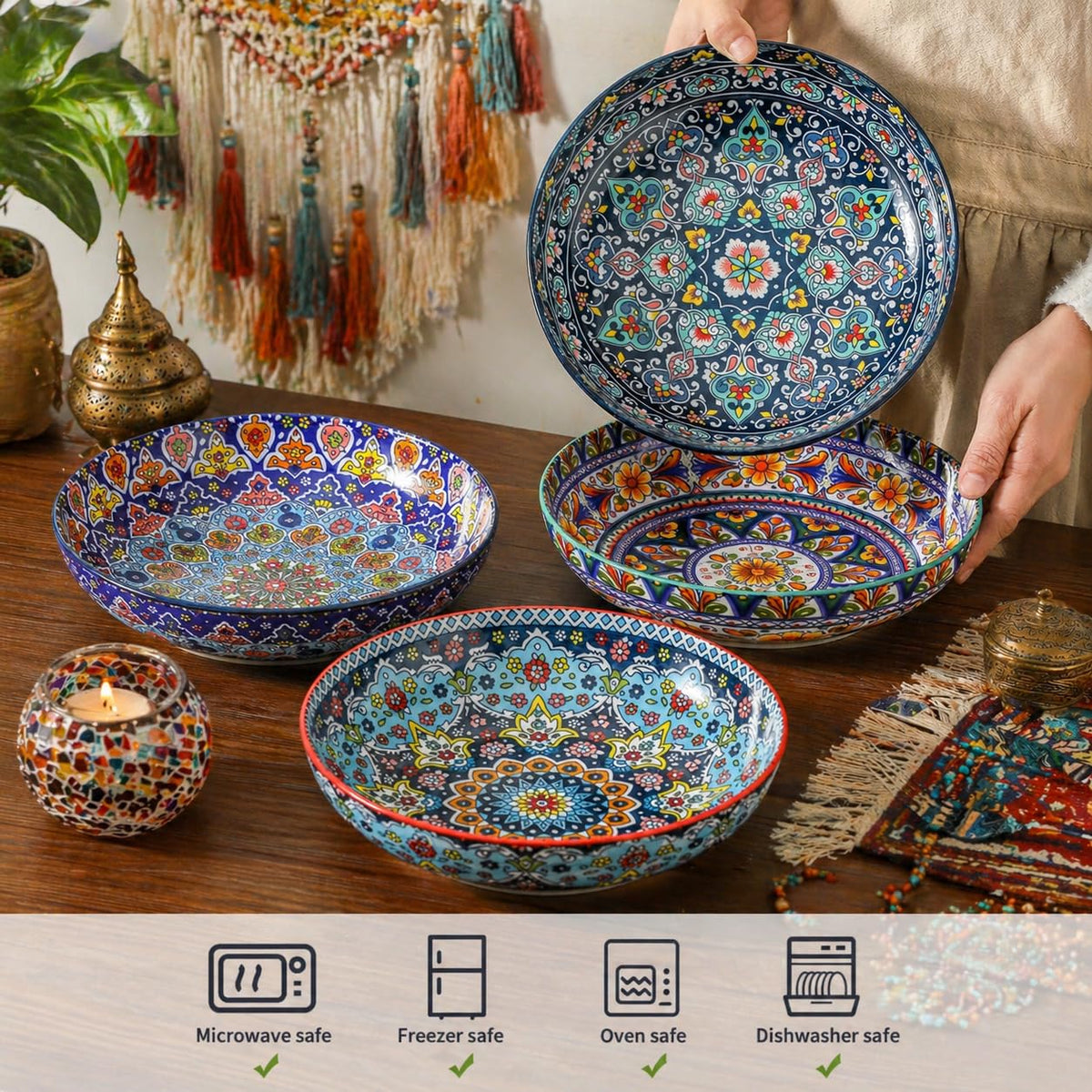 Pasta Bowls Set of 4, 42 oz Ceramic Serving Bowls A528538