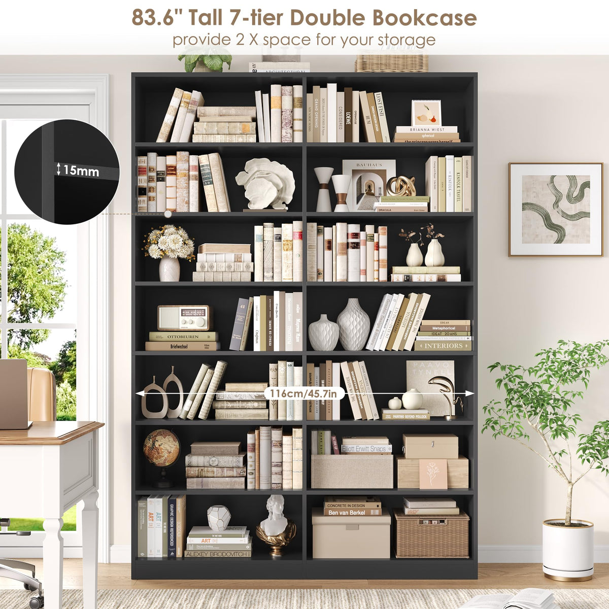 83.7" Tall 7-Tier Double Black Bookshelf and Bookcase L2074