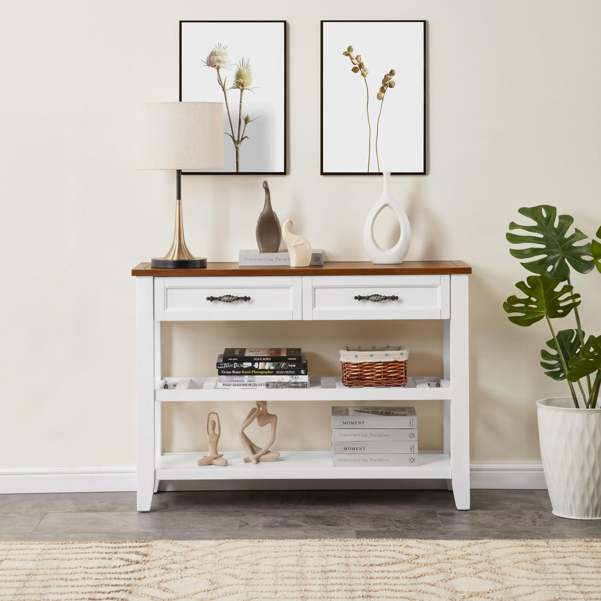 Brown White Pine Wood Console Table with 2 Open Shelves P8749