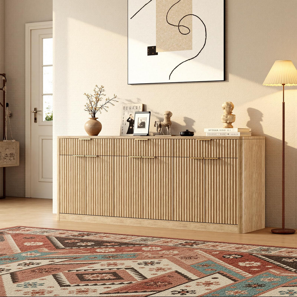 67" Fluted Oak Sideboard Buffet Cabinet with 3 Drawers B515