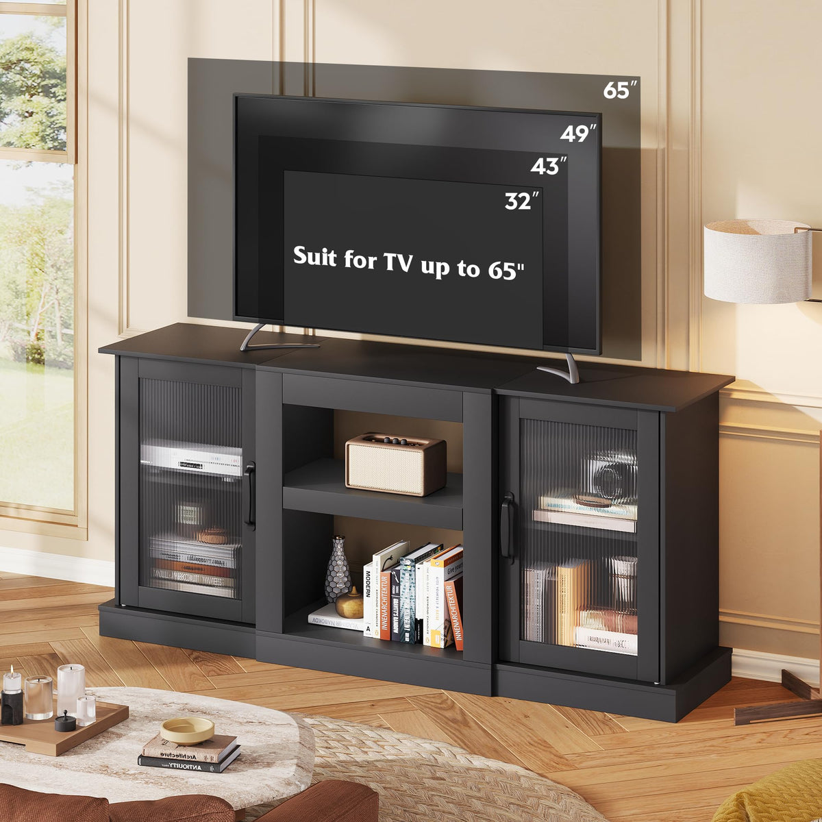 Black 58" TV Stand with Storage Cabinets and Adjustable Shelves H2267