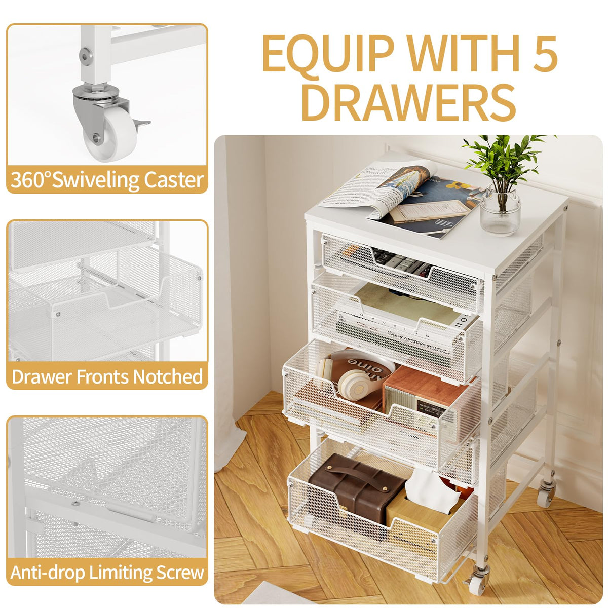 White 5 Drawer Rolling Utility Cart with Wooden Tabletop V688