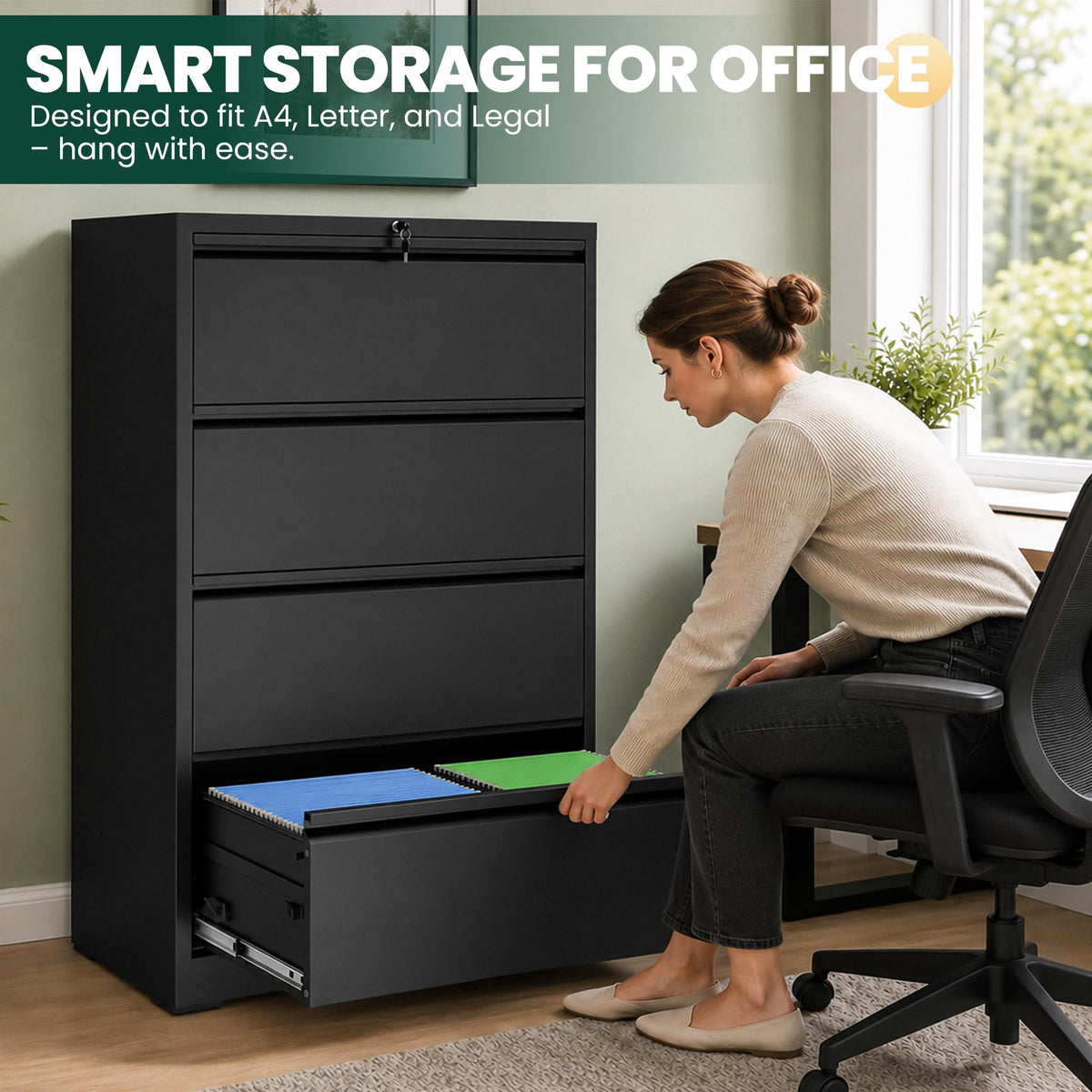 4 Drawer Black Lateral File Cabinet with Lock P3158