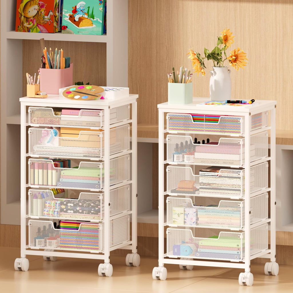 White 5 Drawer Rolling Utility Cart with Wooden Tabletop V688