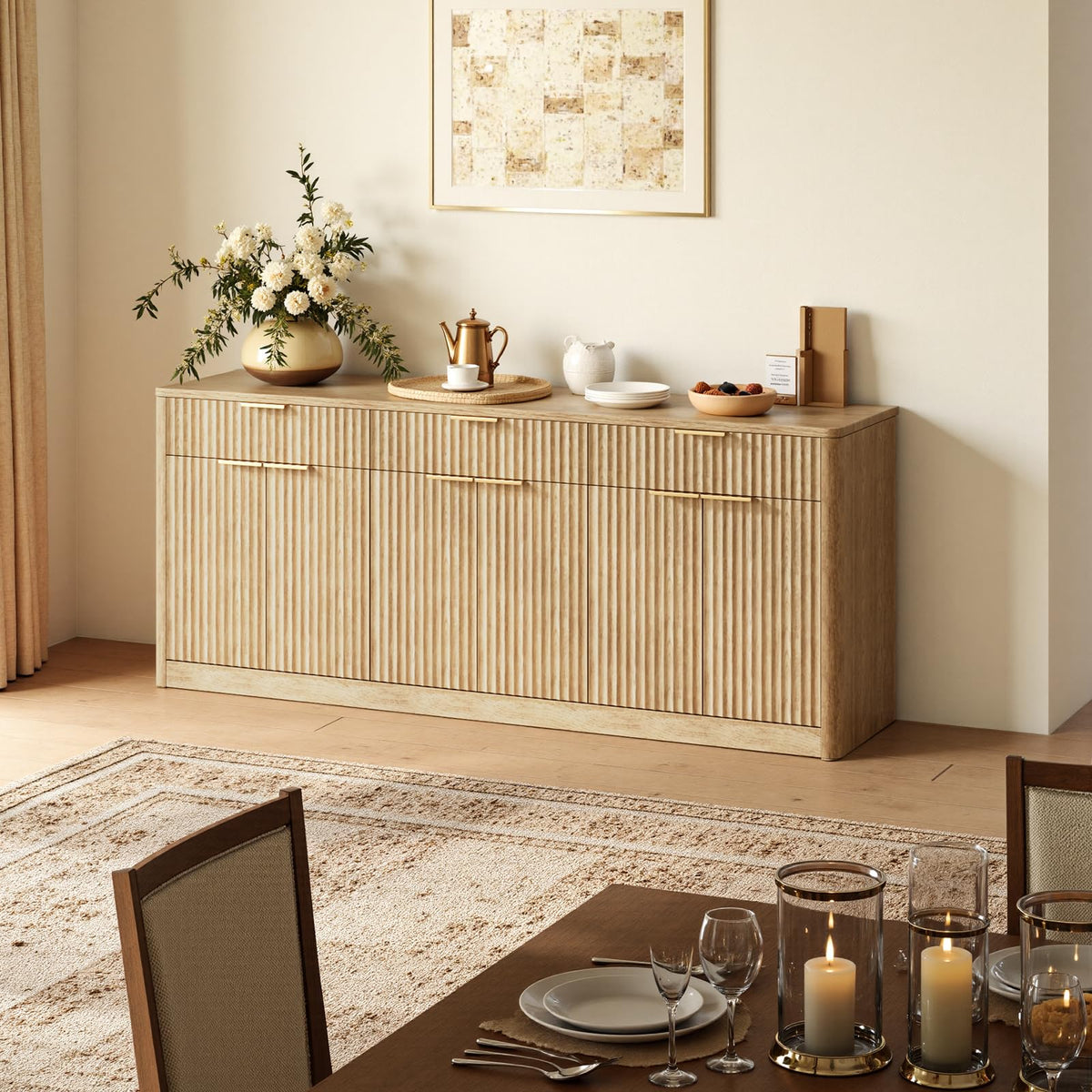 67" Fluted Oak Sideboard Buffet Cabinet with 3 Drawers B515