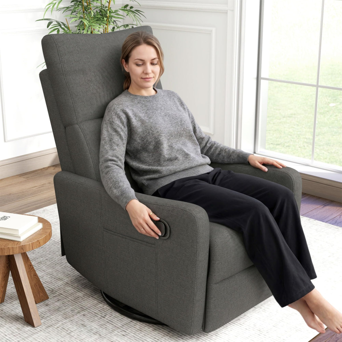 Swivel Rocker Recliner Chair with Pull Lever and Side Pocket C471649