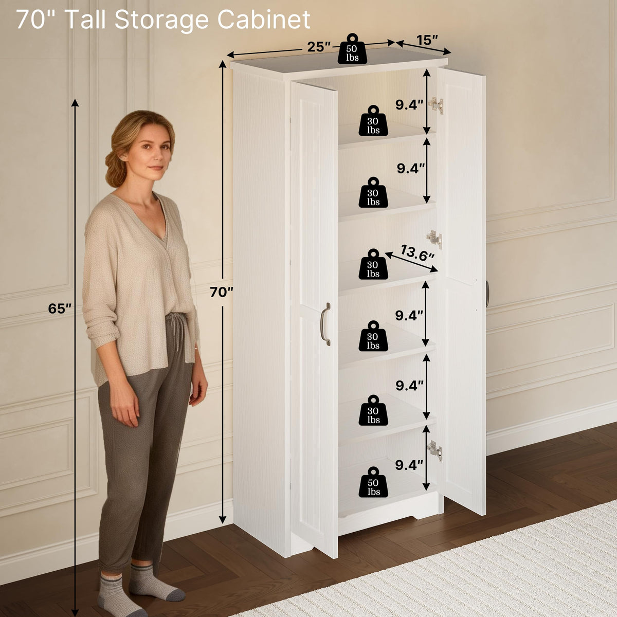 70" Tall Wood Storage Cabinet with 6 Adjustable Shelves R7108
