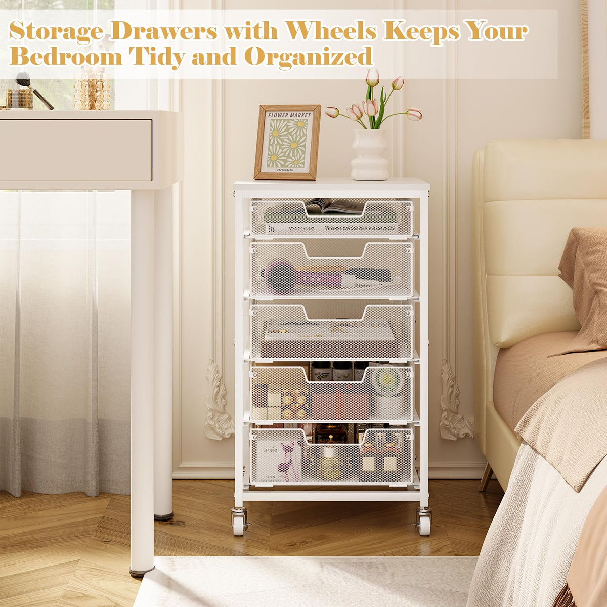 White 5 Drawer Rolling Utility Cart with Wooden Tabletop V688