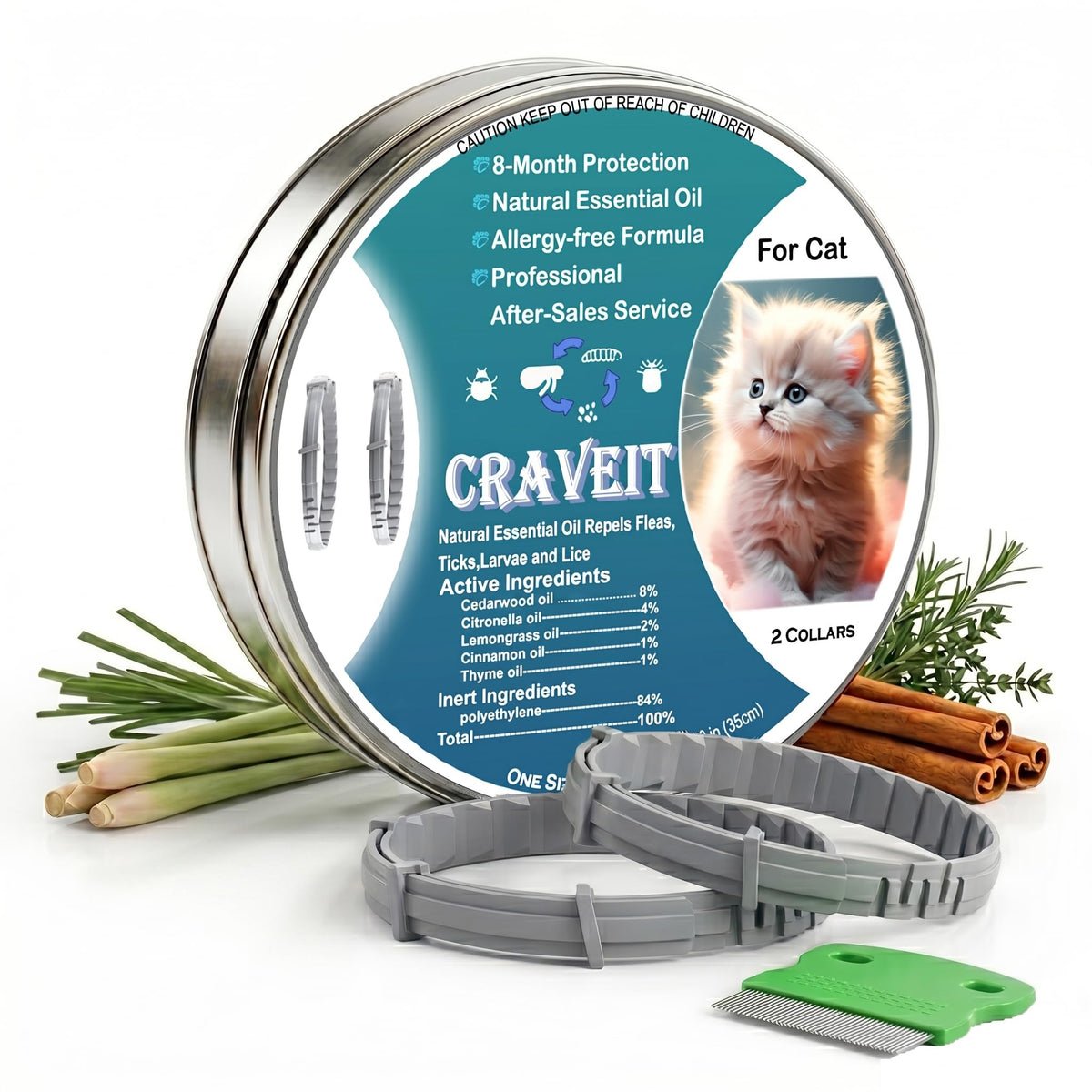 Natural Flea and Tick Collar for Cats, 4 Pack H650