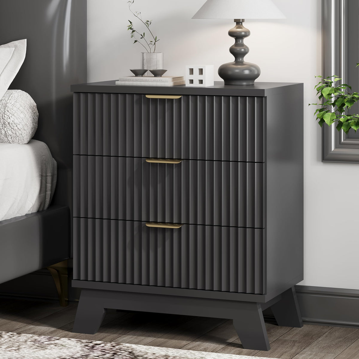 Black 3 Drawer Fluted Nightstand F8016
