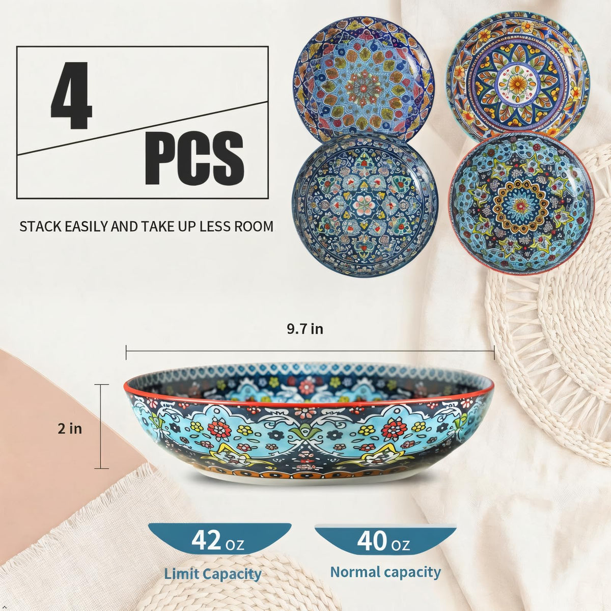 Pasta Bowls Set of 4, 42 oz Ceramic Serving Bowls A528538