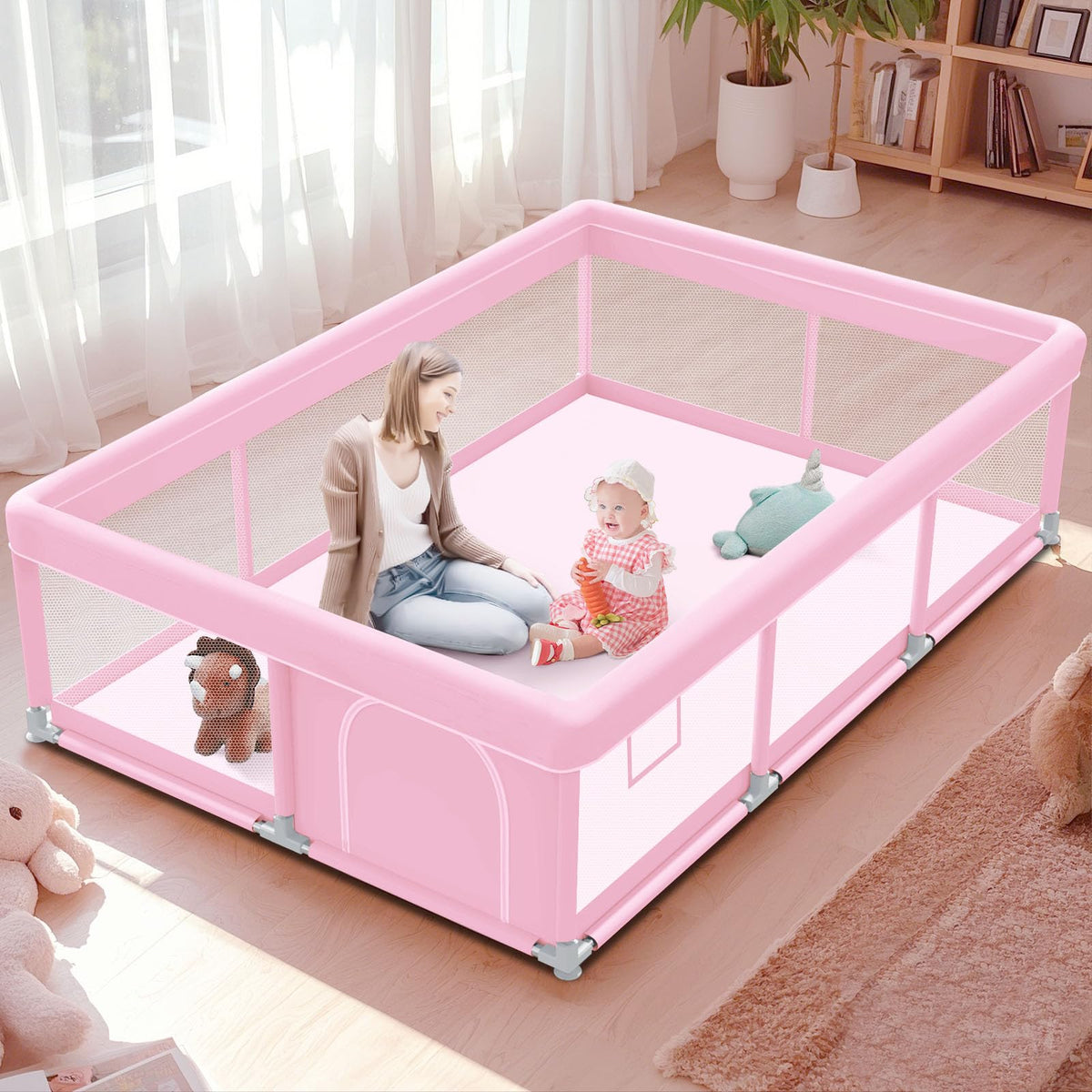Pink Baby Playpen 74x50 Inches with Mesh V71178