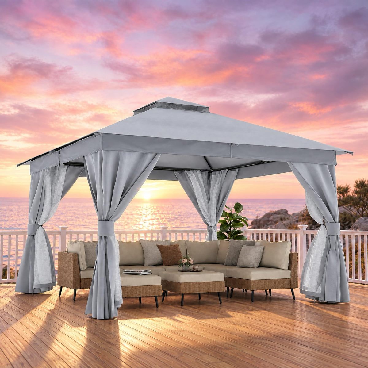 12x12 Gazebo Canopy with Netting, Curtains & Double Roof L1586