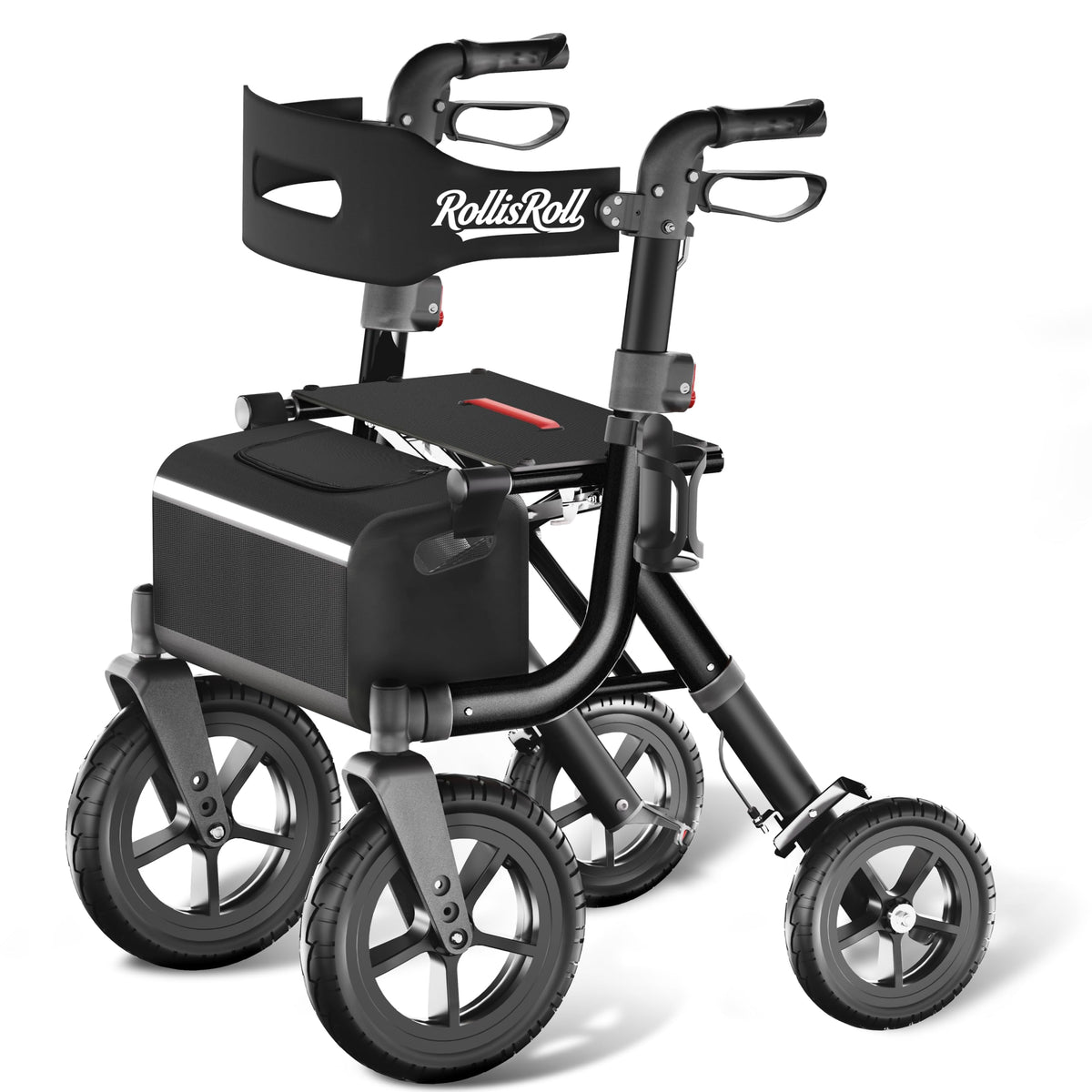 Black Foldable Rollator Walker with Seat, Backrest, 12" Rubber Wheels W789