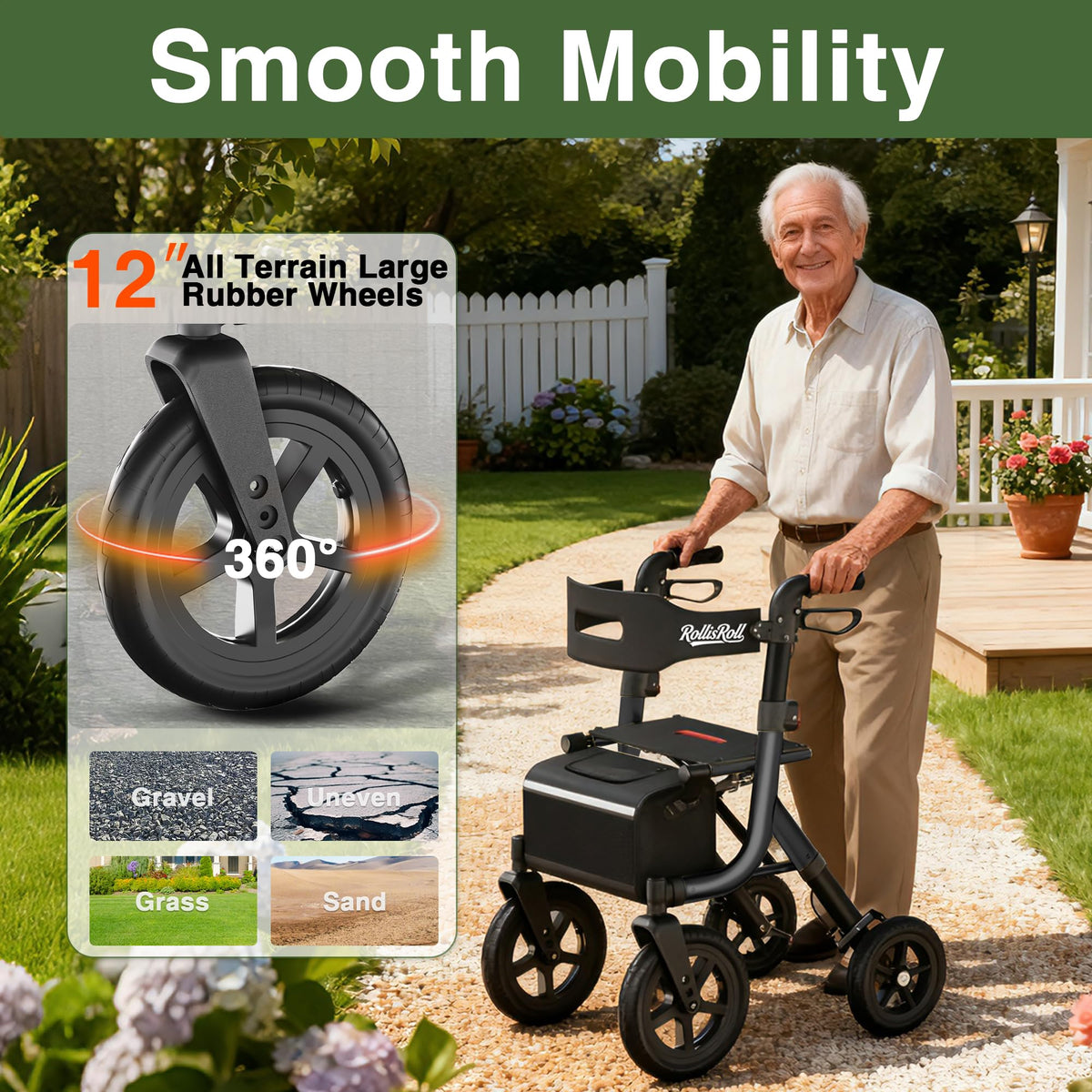 Black Foldable Rollator Walker with Seat, Backrest, 12" Rubber Wheels W789