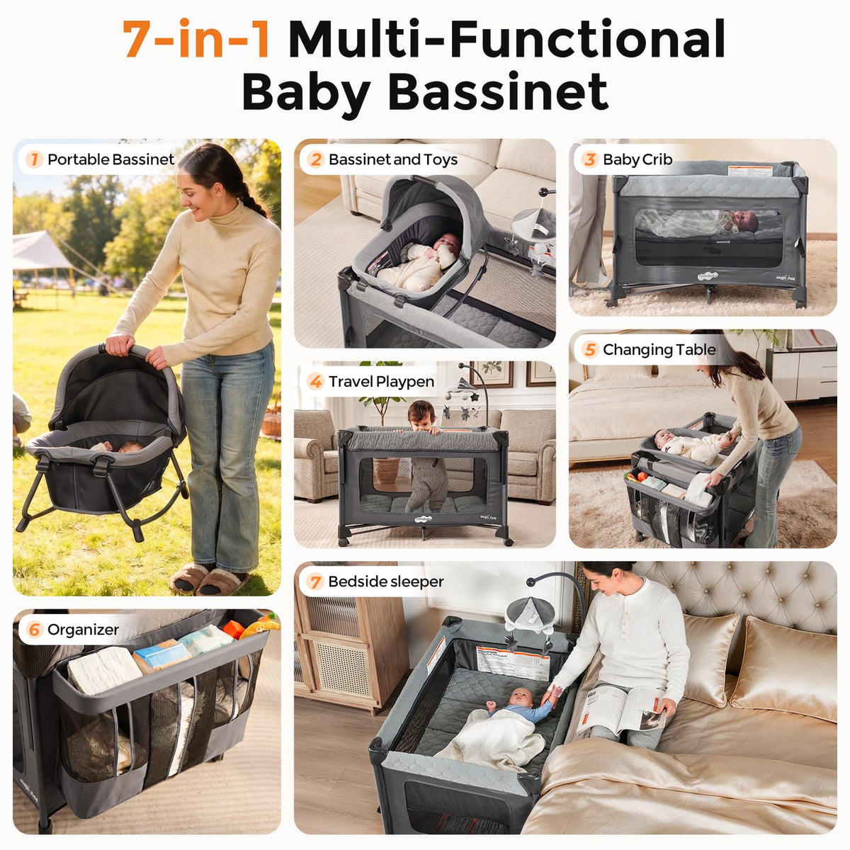 7 in 1 Pack and Play with Bassinet and Changing Station, Portable Electric Baby Swing I44938