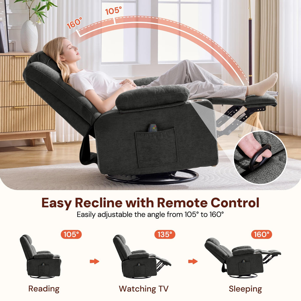 Grey Chenille Swivel Rocker Recliner with Massage and Heat D611508