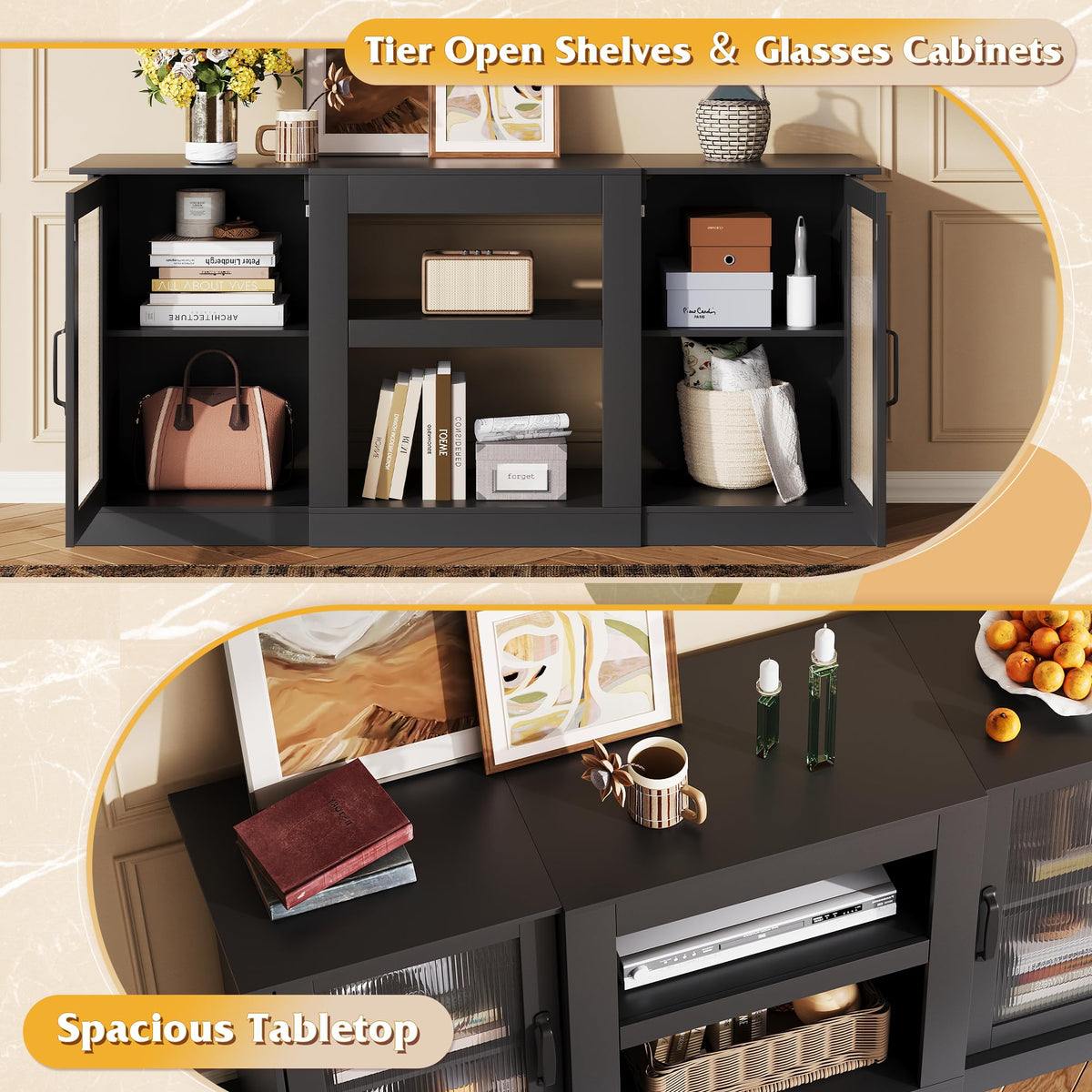 Black 58" TV Stand with Storage Cabinets and Adjustable Shelves H2267