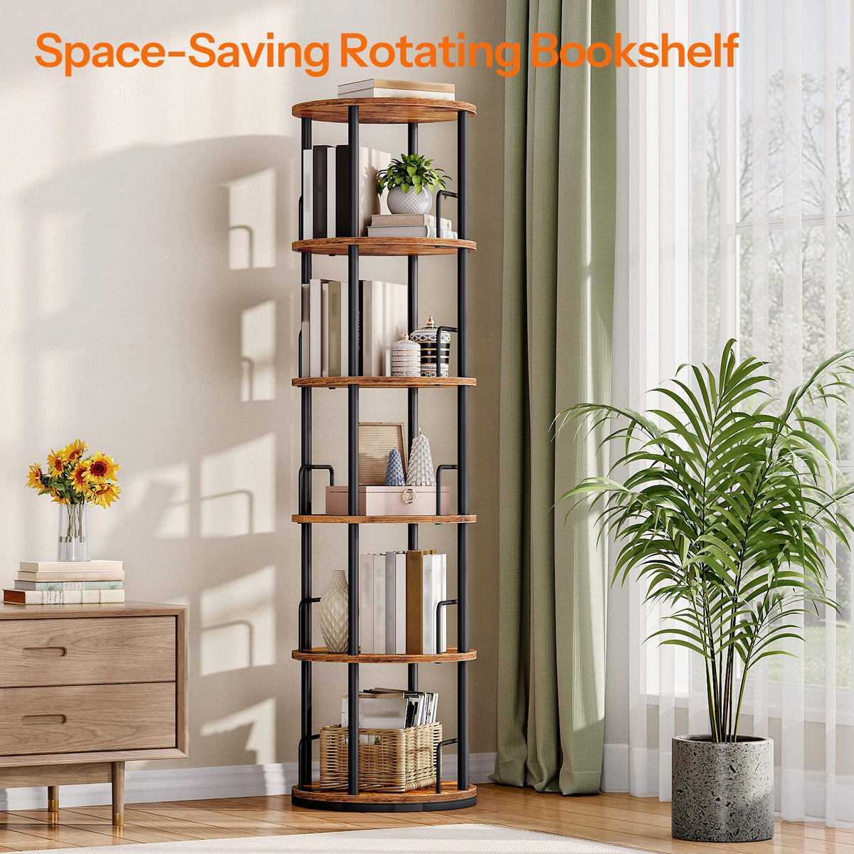 5-Tier Rotating Bookshelf, 360° Spinning Bookcase, Rustic Brown I631236