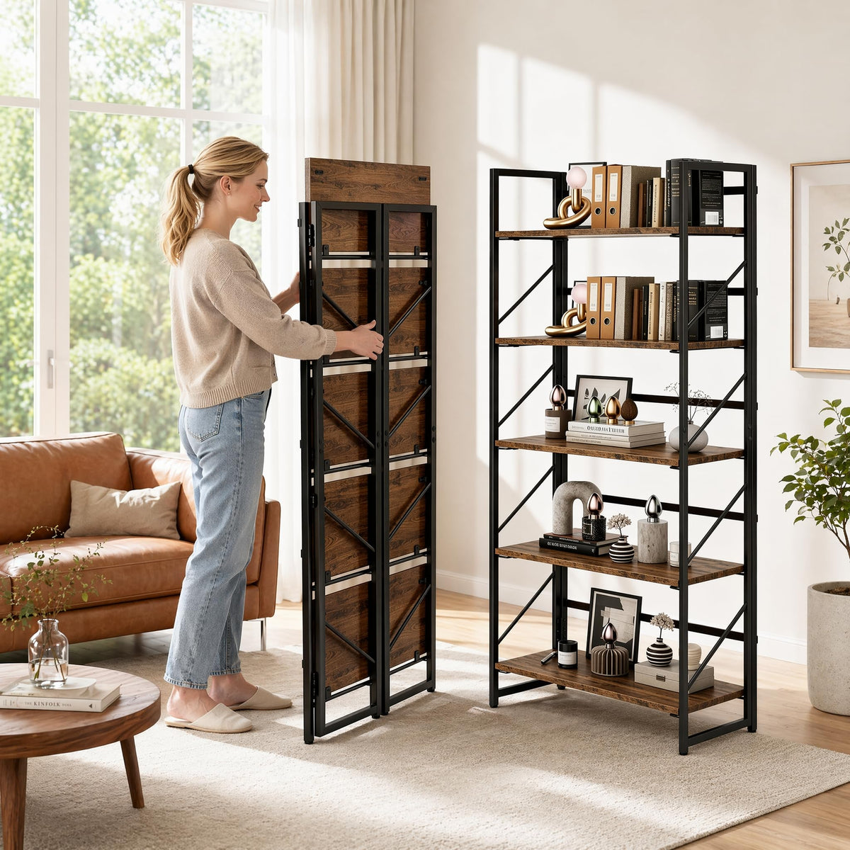 5-Tier Rustic Brown Folding Bookshelf T240805