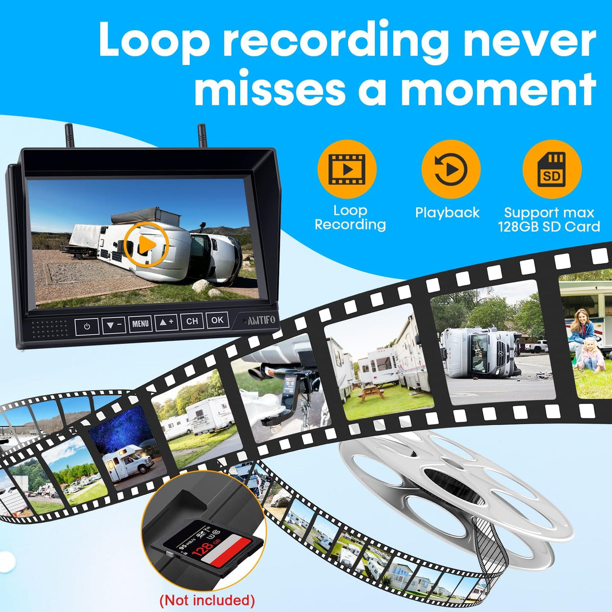 Wireless RV Backup Camera 1080P HD with 7″ DVR Monitor V95920