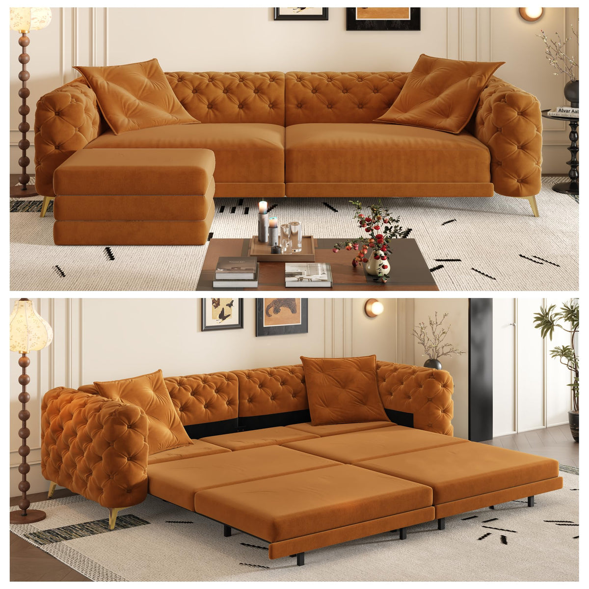 King Size Velvet L Shaped Sleeper Sofa with Ottoman B937806