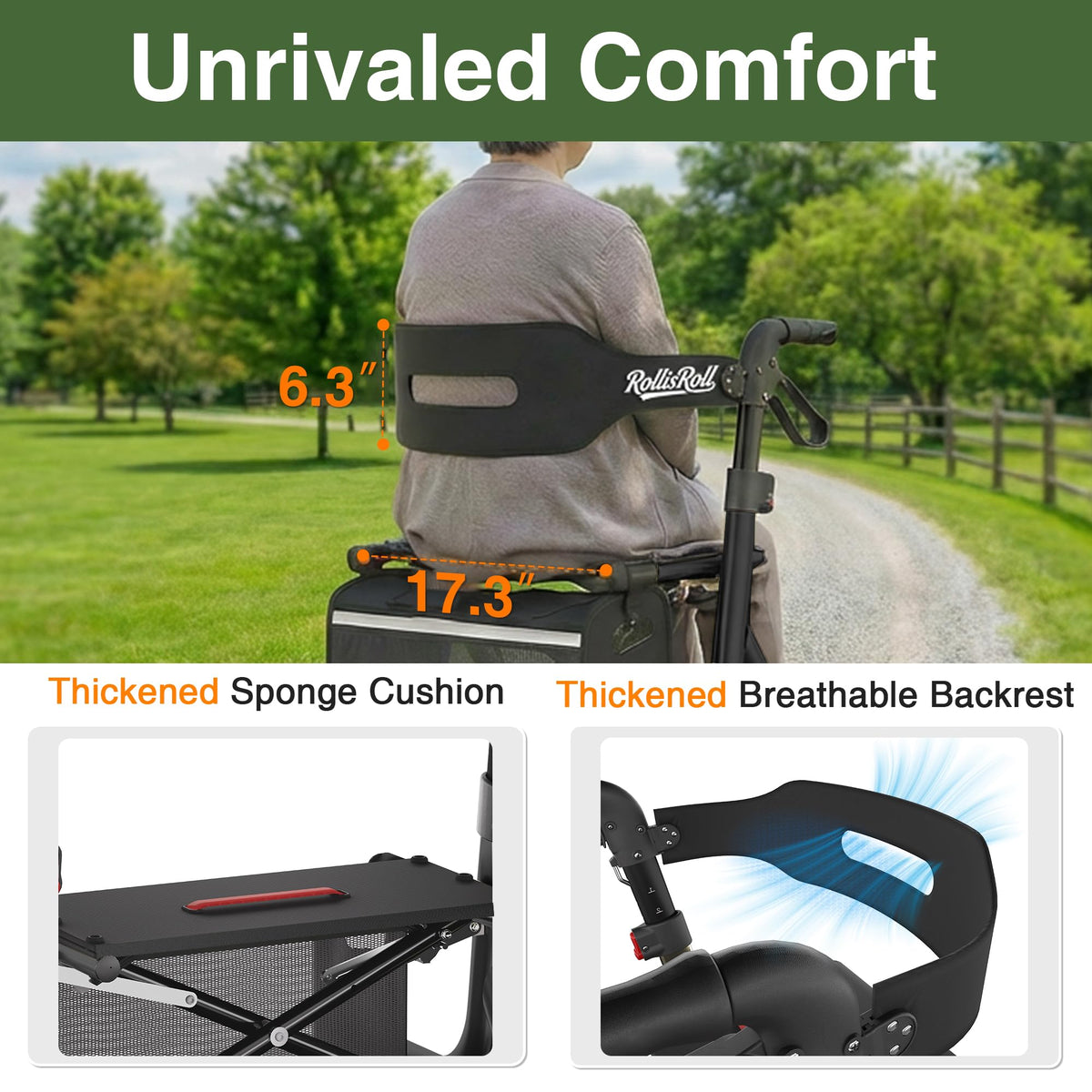 Black Foldable Rollator Walker with Seat, Backrest, 12" Rubber Wheels W789