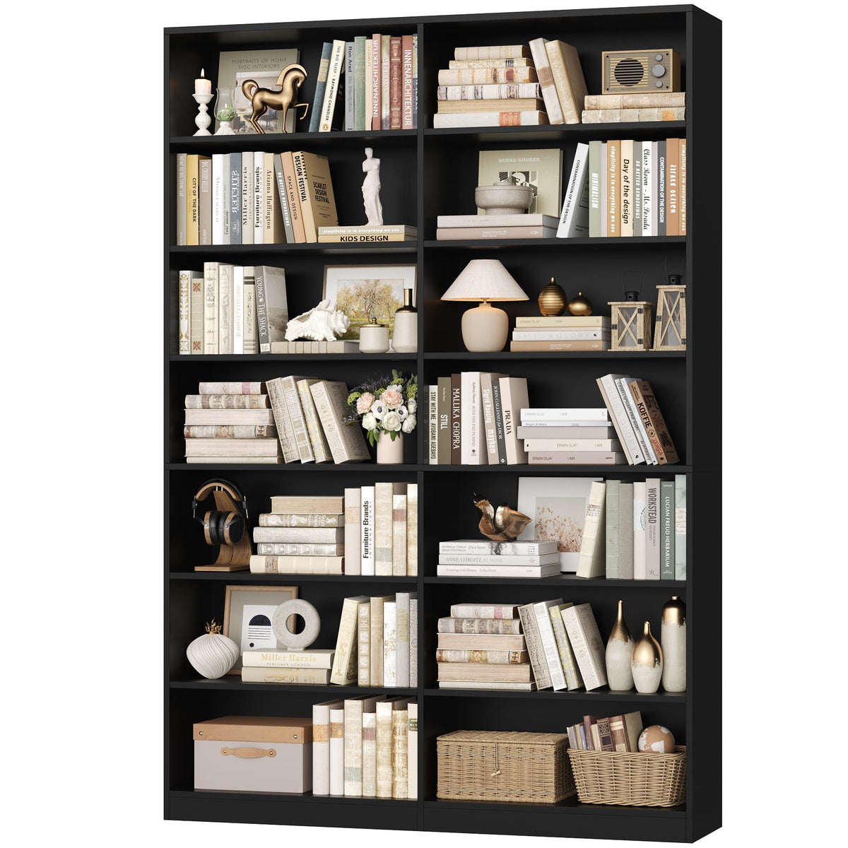 83.7" Tall 7-Tier Double Black Bookshelf and Bookcase L2074
