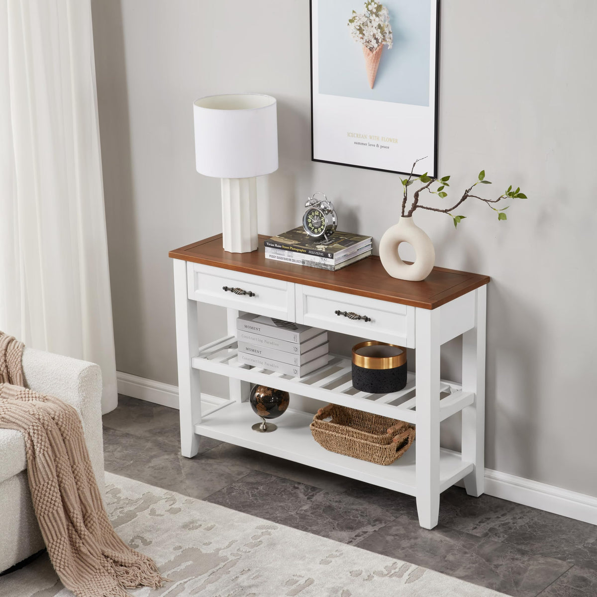 Brown White Pine Wood Console Table with 2 Open Shelves P8749