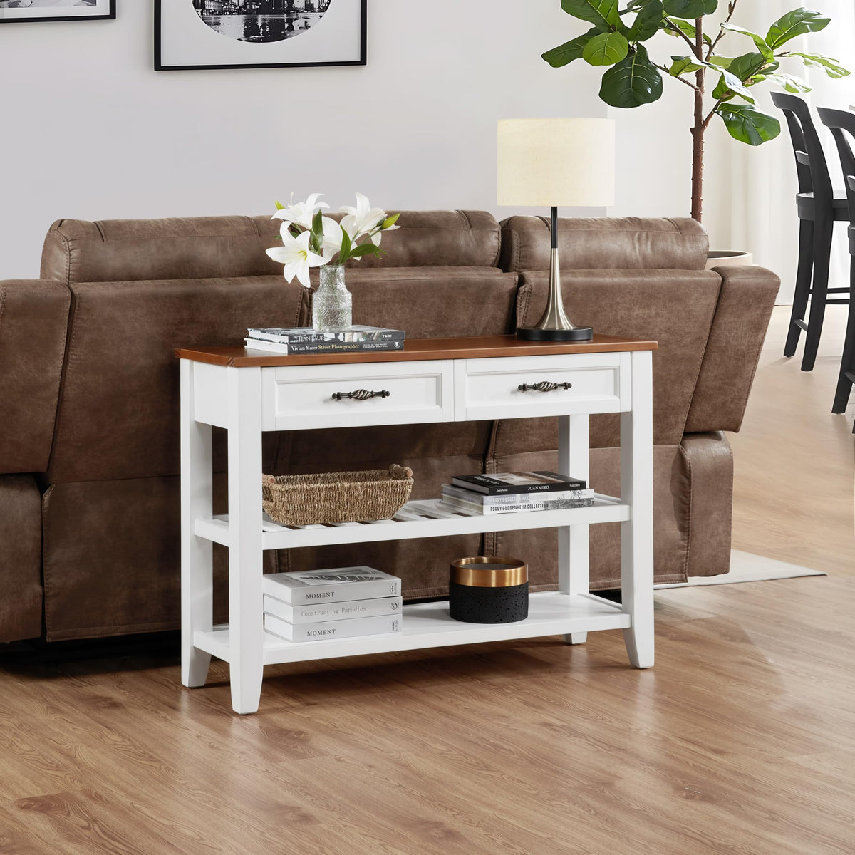 Brown White Pine Wood Console Table with 2 Open Shelves P8749