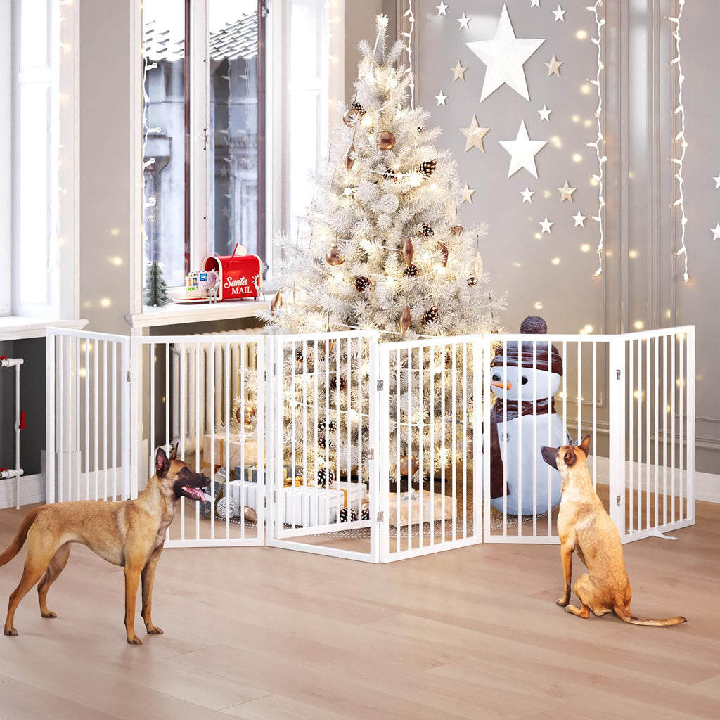 120" x 32" Foldable Freestanding Extra Wide Dog Gate with Door, White B979985