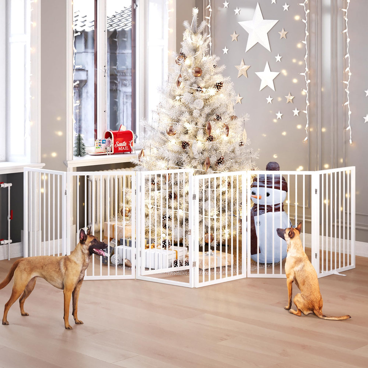 120" x 32" Foldable Freestanding Extra Wide Dog Gate with Door, White B979985