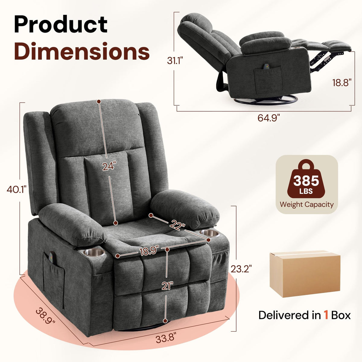 Grey Chenille Swivel Rocker Recliner with Massage and Heat D611508